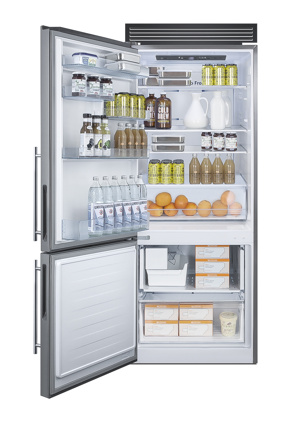 Frost-free bottom freezer refrigerator in stainless steel with factory-installed icemaker and digital controls and a counter depth fit